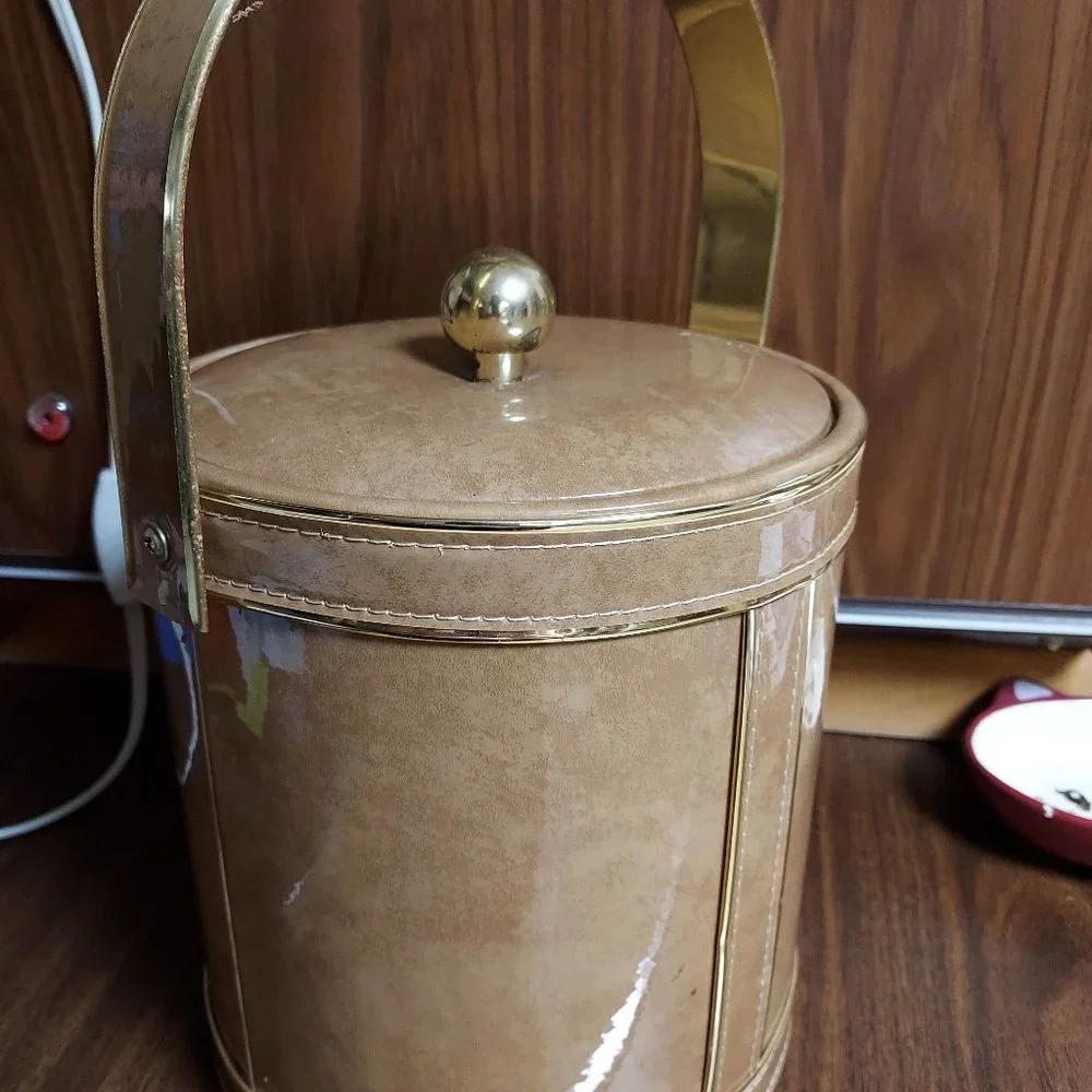 Vintage-Style Tan Ice Bucket with Gold Trim